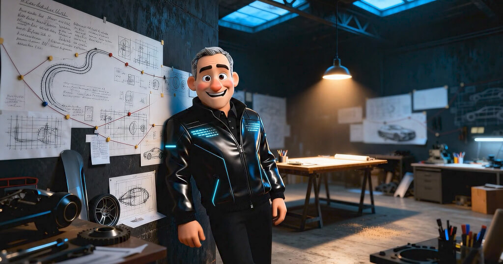 Mercedes-Benz Driving Experience: AI-generierte Figur in Designstudio mit Fahrzeugscribbles