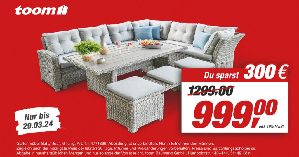 TOOM TVC: Gartenmöbel-Set auf rotem Hintergrund mit Preisangebot