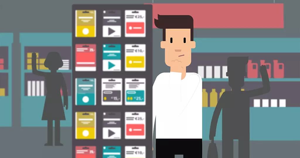 CGift Geschenkkarte Erklärfilm: animierte Figur vor einem Regal mit Geschenkkarten